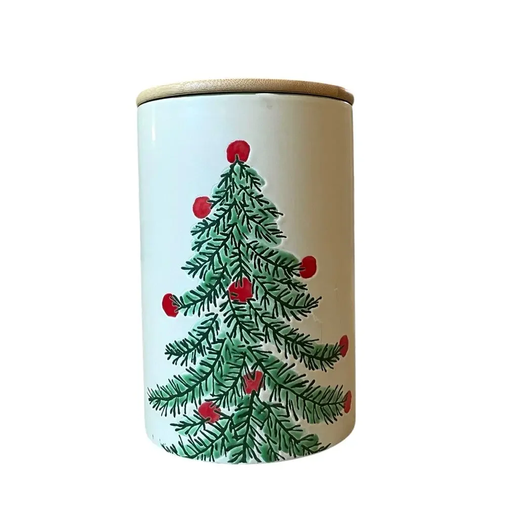 ELI & ANA Erma Christmas Tree Ceramic Canister Cookie Jar w/ Wood Lid 7.5in NEW